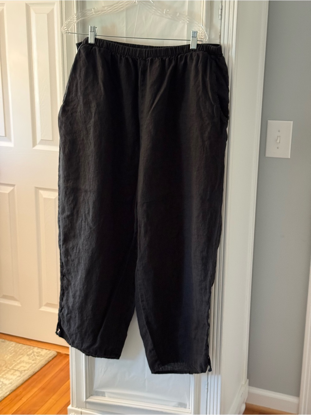 Flax Black Elastic-Waist Linen Pants with Adjustable Ties at Hem Size 2G